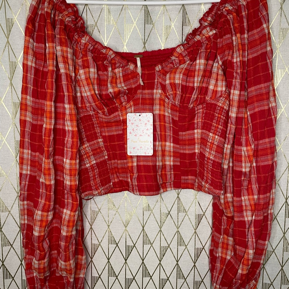 Free People Vibrant Red Plaid Top